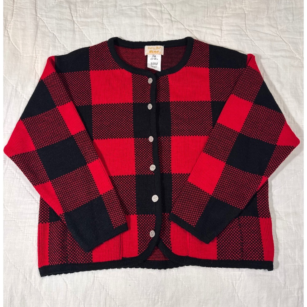 Tally-Ho Red Black Buffalo Plaid Button Front Cardigan Sweater Petite Medium PM